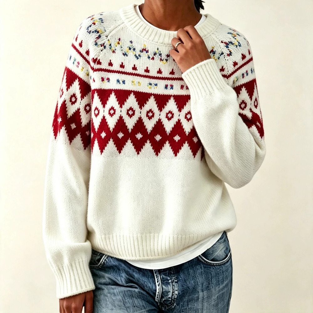 ZARA Fair Isle Sweater Crew Neck Raglan Loose Knit Pullover Diamond Pattern